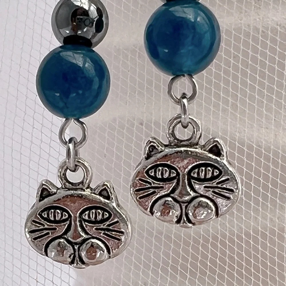 Dangle Earrings Hematite, Blue Jade and Cat Charms